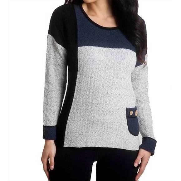 NEW FRENCH KYSS boucle color block crew sweater in slate combo - Picture 2 of 3